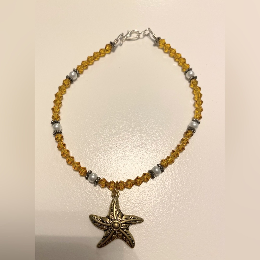 Gold Yellow Crystal Starfish Pendant Ankle Bracelet